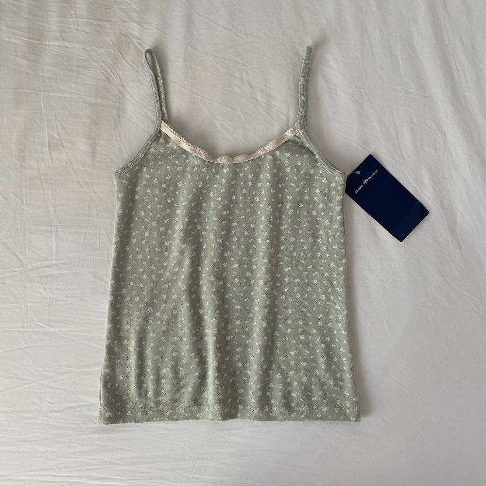 brandy melville belle sage green floral lace-trim tank top